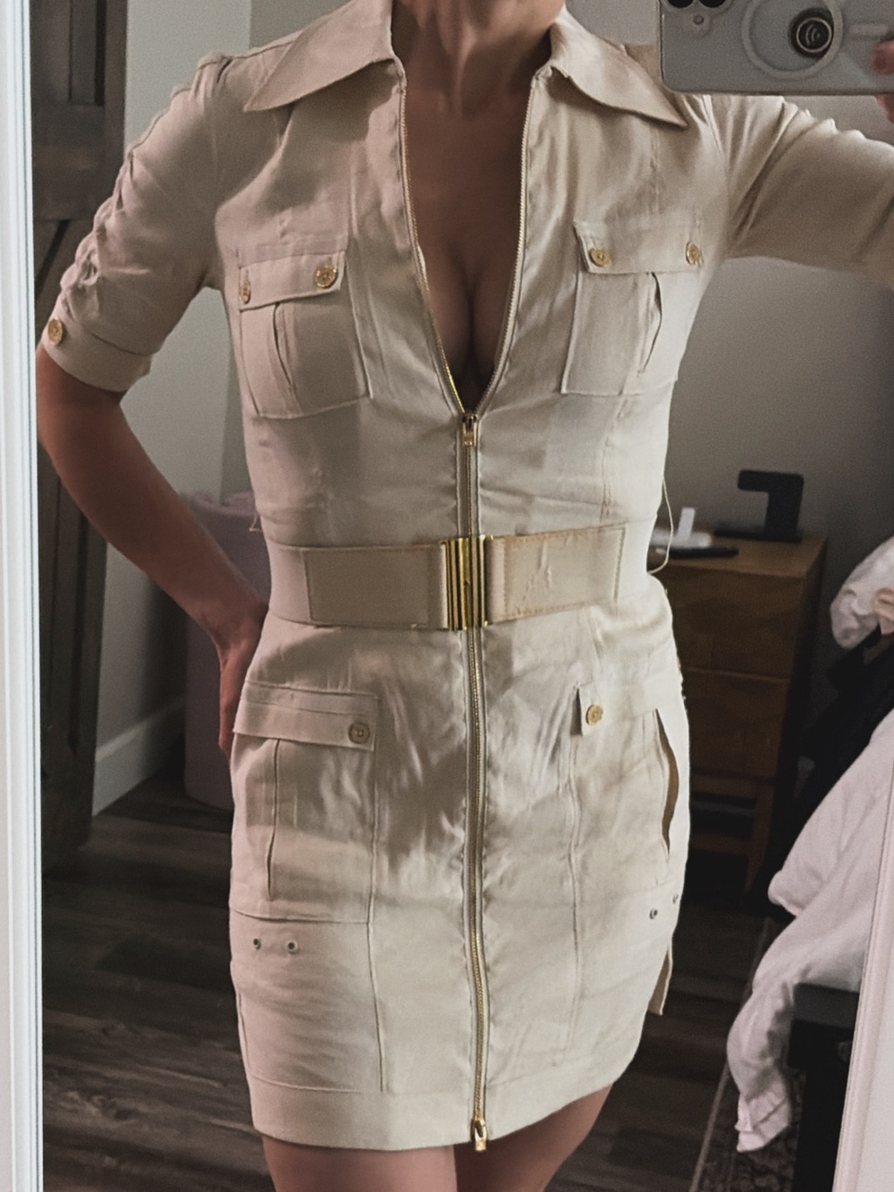 bebe Cream Zip-Front Utility Mini Dress with Gold Accents